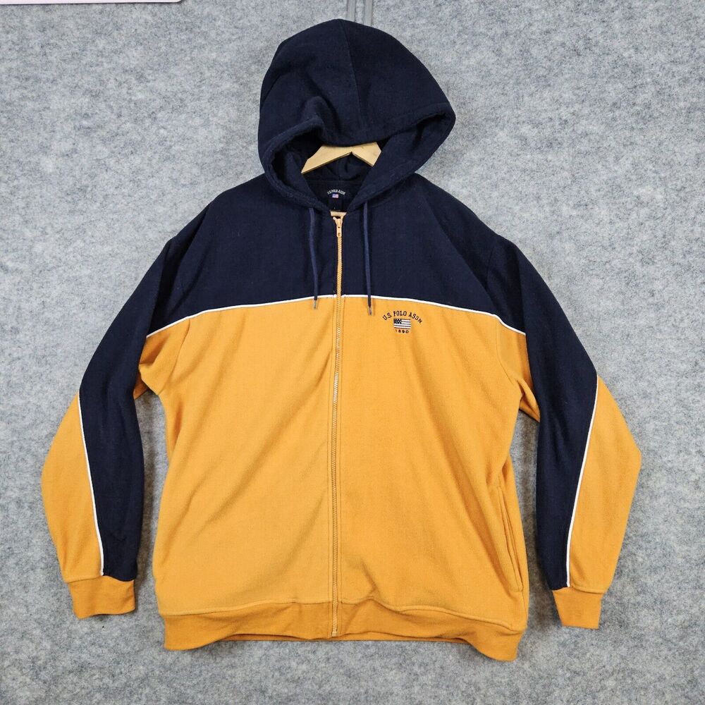 US Polo Assn Men's Fleece Hooded Jacket Size L Blue & Yellow‎ Full Zip Polyester